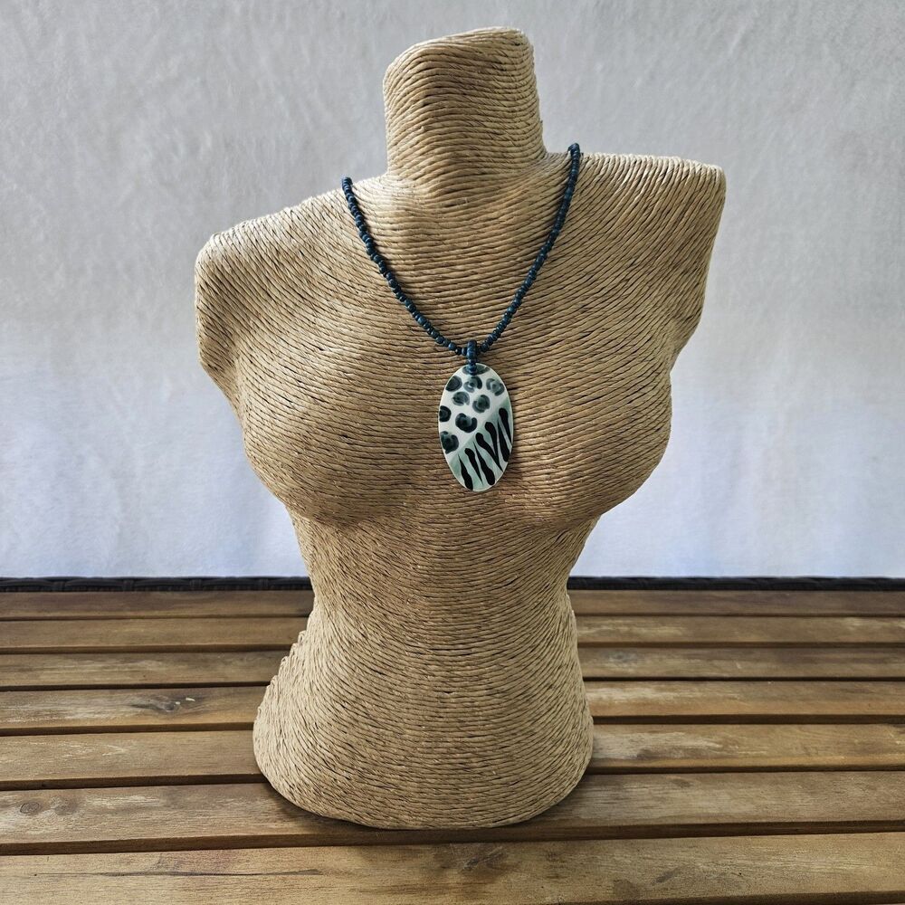 Vintage Boho Dark Teal Wood Bead & Painted Shell Statement Necklace Mixed Animal